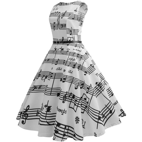 #Z40 Women Vintage Dress Music Note Printing Bodycon Sleeveless Casual Evening Party Dress Elegant Slim Tank Swing Dresses