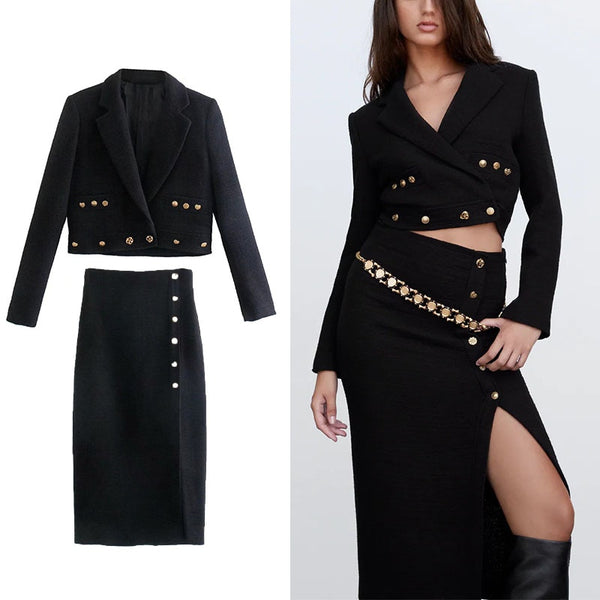 ZA 2 Pieces Spring Autumn Women Solid Suits 2022 Casual Short Blazer+Split Fork Long Skirt Lady Elegant Button Outfits