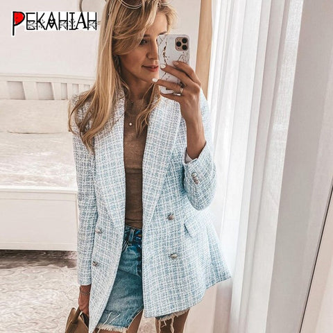 ZA 2022 Blue Tweed blazer Women Turn-down Collar Double Breasted suit Coat Female office Casual Outerwear