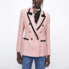 ZA 2022 Elegant Pink Textured Blazer Women Long Sleeve Contrast Piping Double Breasted Blazers Woman Cute Coat Outerwear