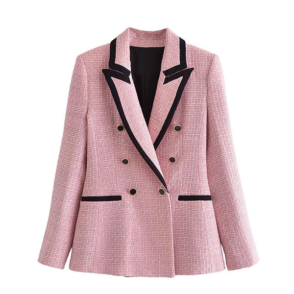 ZA 2022 Elegant Pink Textured Blazer Women Long Sleeve Contrast Piping Double Breasted Blazers Woman Cute Coat Outerwear