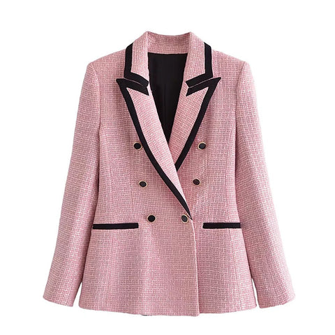 ZA 2022 Elegant Pink Textured Blazer Women Long Sleeve Contrast Piping Double Breasted Blazers Woman Cute Coat Outerwear