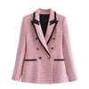 ZA 2022 Elegant Pink Textured Blazer Women Long Sleeve Contrast Piping Double Breasted Blazers Woman Cute Coat Outerwear