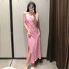 ZA 2022 Summer Dress Women Pink Satin Slip Spaghetti Straps Midi Dresses Sexy Backless Side Slit Feminine Evening Party Dress