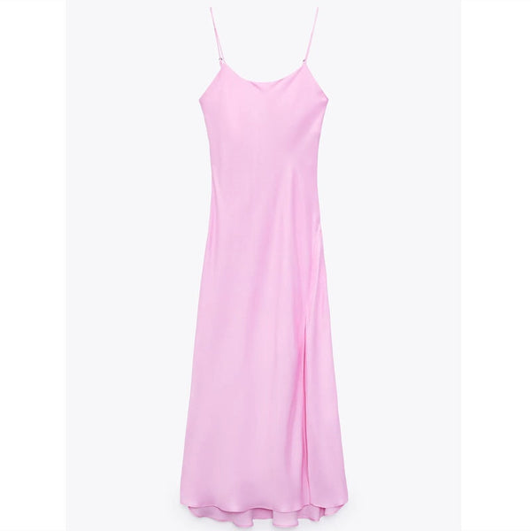ZA 2022 Summer Dress Women Pink Satin Slip Spaghetti Straps Midi Dresses Sexy Backless Side Slit Feminine Evening Party Dress