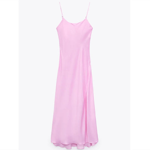 ZA 2022 Summer Dress Women Pink Satin Slip Spaghetti Straps Midi Dresses Sexy Backless Side Slit Feminine Evening Party Dress