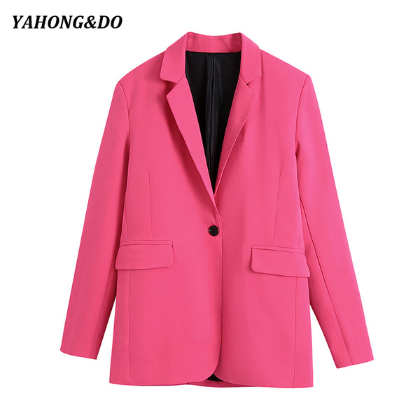 ZA 2023 Women Office Wear Single Button Blazer Coat Vintage Long Sleeve Pockets Female Red Jacket Outerwear Top
