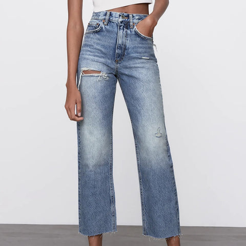 ZA 2022 women Ripped straight Leg Jeans Washed full length High waist Mom denim pants pocket Hole Wide-legged Trousers Ladies