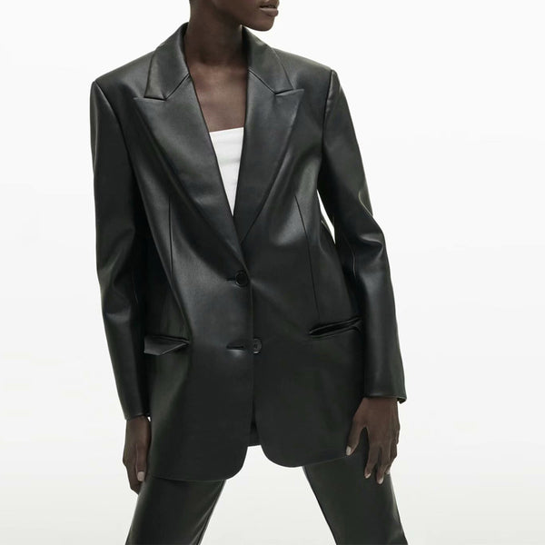 ZA Elegant Black PU Blazer Women Casual Long Sleeve Single Button Office Suit Jacket Winter Autumn Ladies Korean Blazer 2023 New