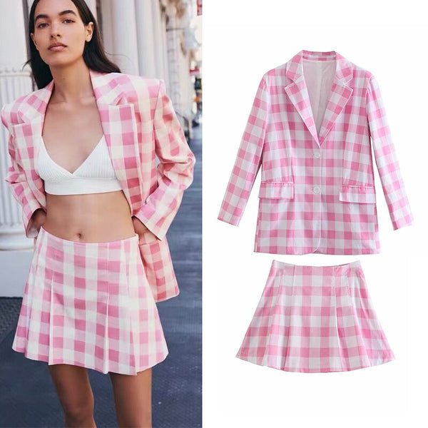 ZA Women 2 Pieces Plaid Skirts Blazer Set Notched Office Lady Single Breasted Suits Female Plus Size A-line Skirts