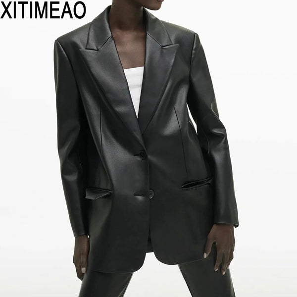 ZA Women 2022 Faux Leather Loose Blazers Coat Vintage Long Sleeve Pockets Back Vents Female Outerwear Chic Tops