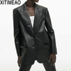 ZA Women 2022 Faux Leather Loose Blazers Coat Vintage Long Sleeve Pockets Back Vents Female Outerwear Chic Tops