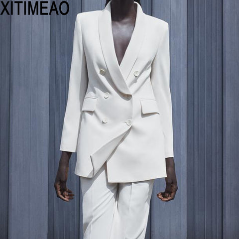 ZA Women 2022 Office Wear Double Breasted Blazer Coat Vintage Long Sleeve Pockets Female Outerwear Chic Tops