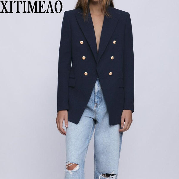 ZA Women 2022 With Metal Buttons Blazers Coat Vintage Long Sleeve Back Vents Female Outerwear Chic Tops