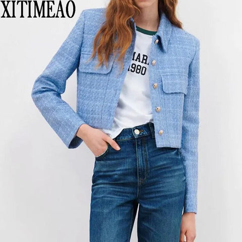 ZA Women 2022 Single Breasted Tweed Check Short Blazers Coat Vintage Long Sleeve Pockets Female Outerwear Chic Tops