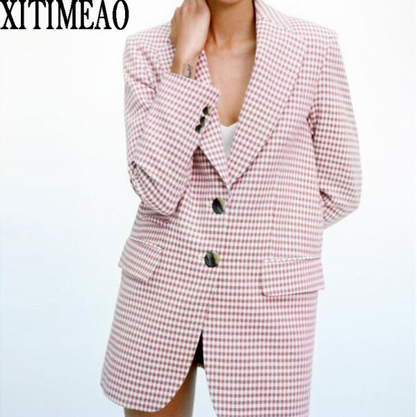 ZA Women Single Breasted Blazers Pink Plaid Coat Vintage Long Sleeve Female Outerwear And High Waist Short Skirt
