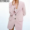 ZA Women Single Breasted Blazers Pink Plaid Coat Vintage Long Sleeve Female Outerwear And High Waist Short Skirt