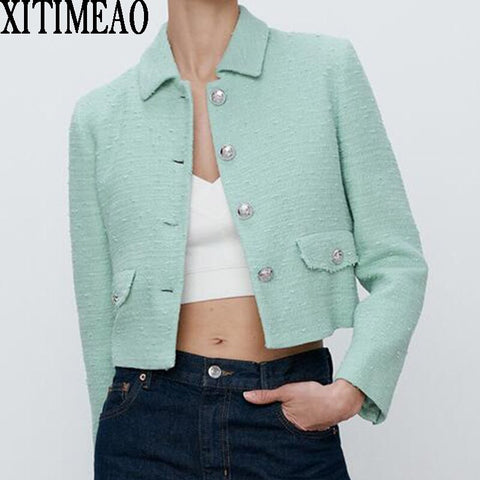 ZA Women Single Breasted Tweed Check Short Blazers Coat Vintage Long Sleeve Pockets Female Outerwear Chic Tops