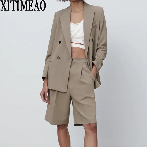 ZA Women Wear Double Breasted Blazers Coat Vintage Long Sleeves Outerwear And High Waist Casual Shorts 2-piece Set