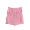 ZA Women Pink Tweed 2 Piece Set Women Office Short Sleeve Pocket Decoration Blazer Coat +Side Zipper Short Skirt Chic Lady Suit
