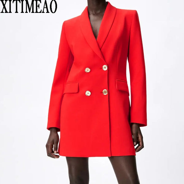 ZA Women Spring Autumn Double Breasted Red Slim Long Blazers Coat Vintage Long Sleeve Female Outerwear