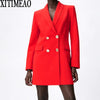 ZA Women Spring Autumn Double Breasted Red Slim Long Blazers Coat Vintage Long Sleeve Female Outerwear
