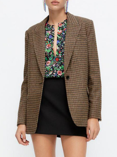 ZA autumn women's retro lapel single button pocket with checkered elbow decoration commuter blazer