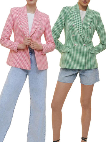 ZA summer women's clothing versatile lapel long sleeves with shoulder pads houndstooth slim casual suit jacket