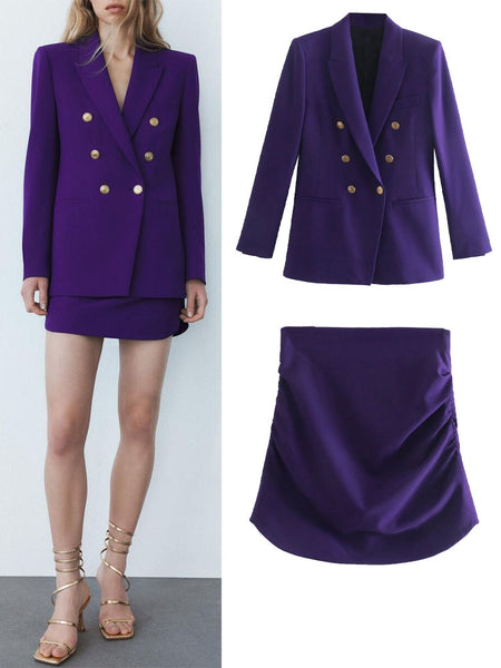 ZA winter style temperament breasted slim casual suit jacket + wild high waist sexy bag hip mini skirt casual suit