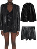ZA winter women's clothing all-match elegant black sequined suit jacket + sequined high waist casual shorts