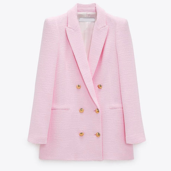 ZAAHO2022 Spring Autumn Women Vintage Pink Tweed Blazer Coat Chic Pockets Suit Jacket Female Office Outerwear