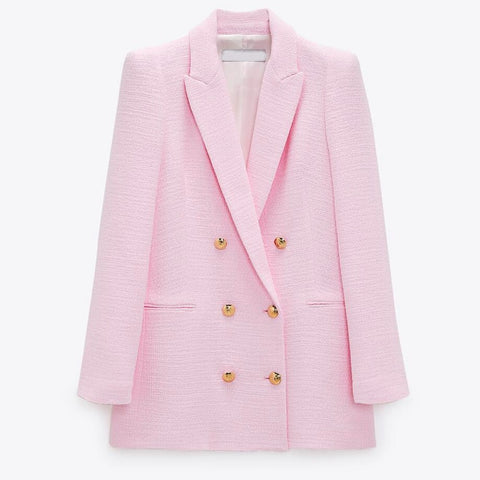 ZAAHO2022 Spring Autumn Women Vintage Pink Tweed Blazer Coat Chic Pockets Suit Jacket Female Office Outerwear
