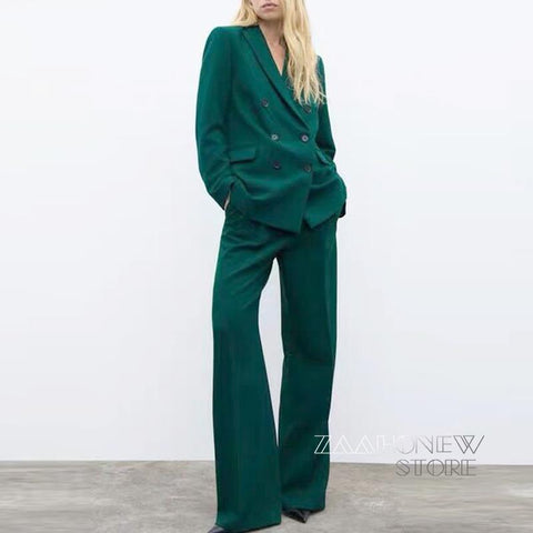 ZAAHO2022Women Double-Breasted Casual Green Blazer Jacket Office Lady Long Sleeve Elegant Outwear Chic Tops