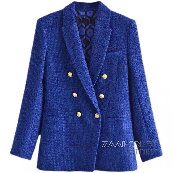ZAAHO2023 Spring and Autumn Women Print Lining Tweed Slim Blazer Vintage Long Sleeve Pockets Female Coat
