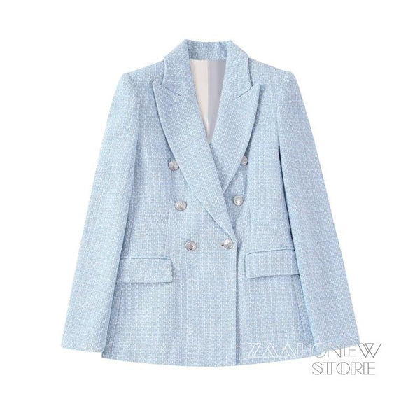 ZAAHO2023 Spring Autumn Women Casual Tweed Blazer Coat Female Vintage Office Double Breasted Outerwear Top