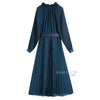 ZAAHO2023 Spring Autumn Women Vintage Pleated Midi Dress Casual With Belt Long Sleeve Elegant Party Dresses Ladies