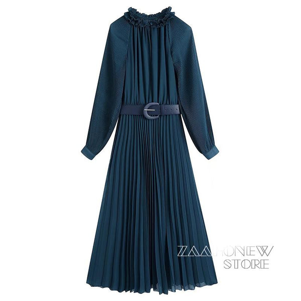 ZAAHO2023 Spring Autumn Women Vintage Pleated Midi Dress Casual With Belt Long Sleeve Elegant Party Dresses Ladies