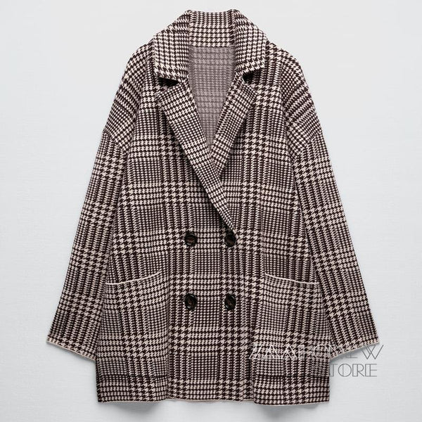 ZAAHOAutumn Winter Women Vintage Plaid Blazer Jacket Casual Button Suit Coat Office Ladies Outwear Female