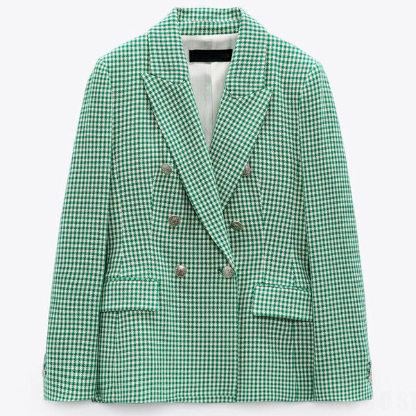 ZAAHOAutumn Women Blazer Slim Hounstooth Green Blazers Elegant Notched Jackets Office Ladies