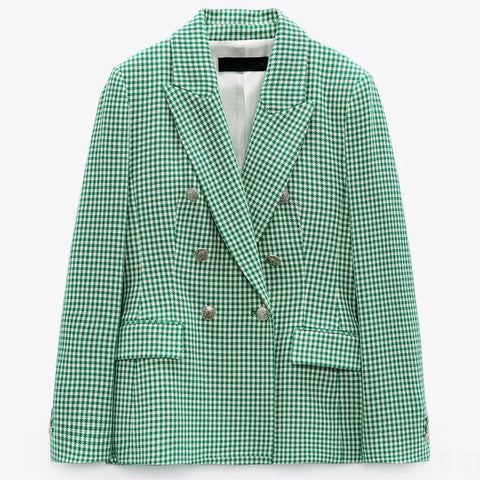 ZAAHOAutumn Women Blazer Slim Hounstooth Green Blazers Elegant Notched Jackets Office Ladies