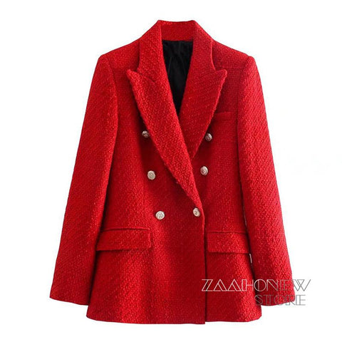 ZAAHOSpring Autumn Women Blazer Coat Female Vintage Tweed Double Breasted Long Sleeve Flap Pocket Outerwear