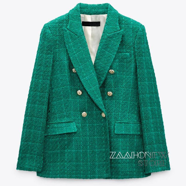 ZAAHOSpring Autumn Women Casual Tweed Blazer Vintage Office Jacket Double Breasted Tops Coat Female