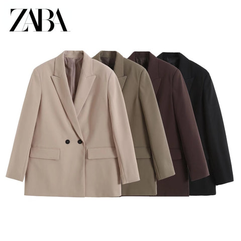 ZABA Women Double Breasted Loose Fitting Blazer Coat Vintage Long Sleeve Pockets Female Outerwear Chic Veste Femme