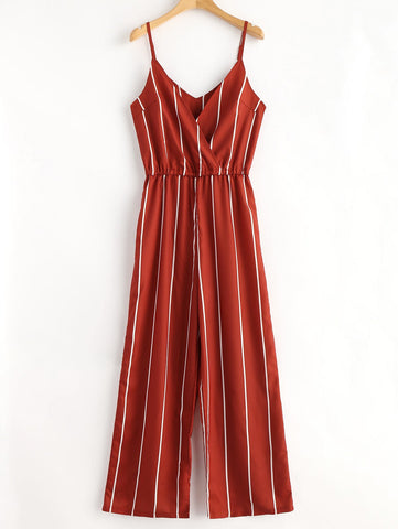 Elegant Women Striped Surplice Spaghetti Strap Jumpsuit Casual Halter V Neck High Waist Playsuit Overalls For Women