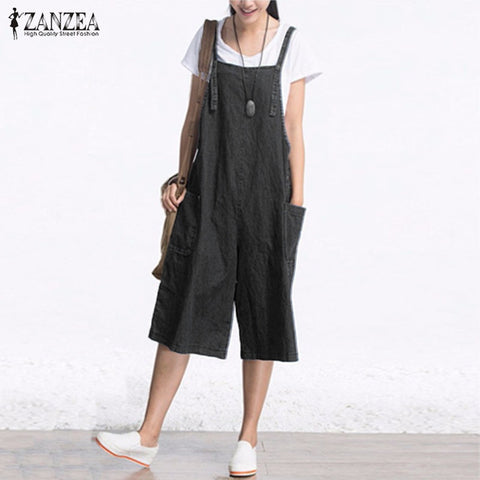 2022 Autumn Denim Rompers Womens Jumpsuit Sexy Sleeveless Wide Leg Playsuit Calf Length Overalls Plus Size S-5XL