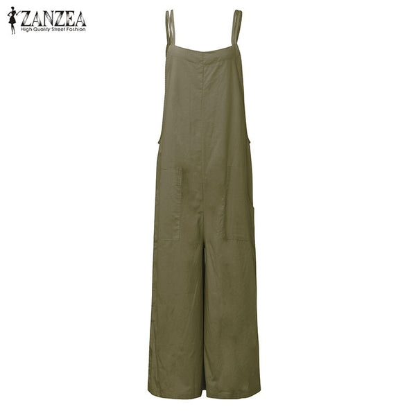 New Summer Rompers Women Jumpsuits  Plus Size Sleeveless Straps Pockets Solid Wide Leg Retro Full Length Overalls
