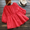 Summer Blusa Women Casual Cotton Linen Blosue Vintage O-neck 3/4 Lantern Sleeve Pleated Shirt Ruffle Work Office Top