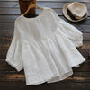 Summer Blusa Women Casual Cotton Linen Blosue Vintage O-neck 3/4 Lantern Sleeve Pleated Shirt Ruffle Work Office Top