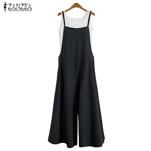 2022 Summer Women Oversized Cotton Linen Strap Long Wide Leg Romper Dungaree Bib Overalls Casual Loose Solid Jumpsuit