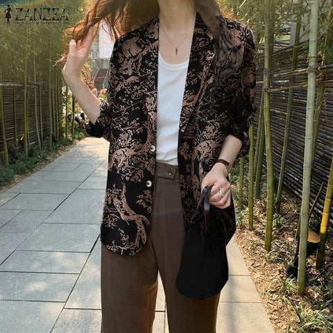 ZANZEA 2022 Bohemian Autumn Thin Coat Street Retro Elegant Chemise Cotton Jacket Tops Long Sleeved Floral Printed Blazer